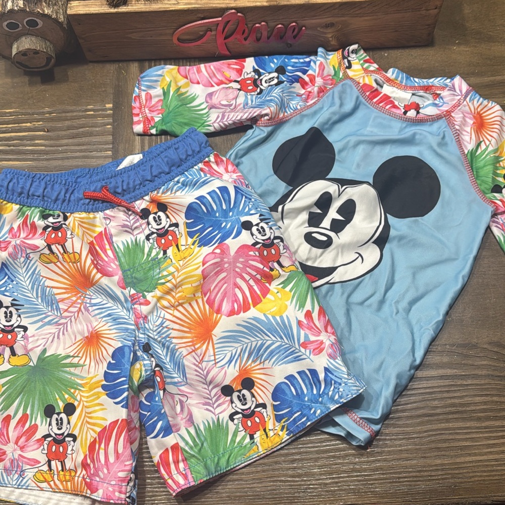Disney Kids Swim Trunks and Rash Guard Set - Blue and Multicolor